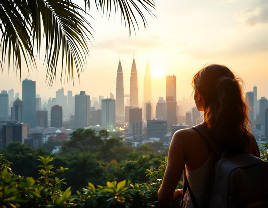 Voyageur admire la skyline de Kuala Lumpur au matin, avec ambiance kuala lampur meteo tropicale.