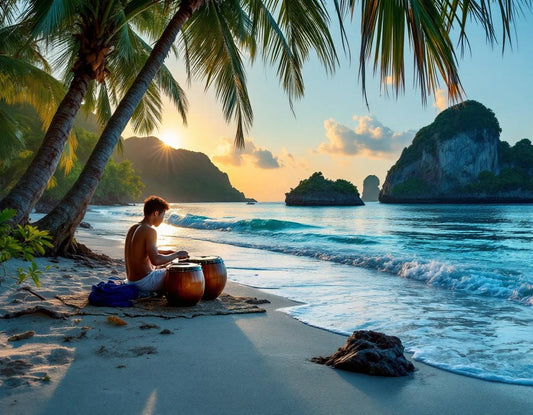 Musicien de gamelan sur une plage au crépuscule, illustrant l’heure malaisie et douceur tropicale.