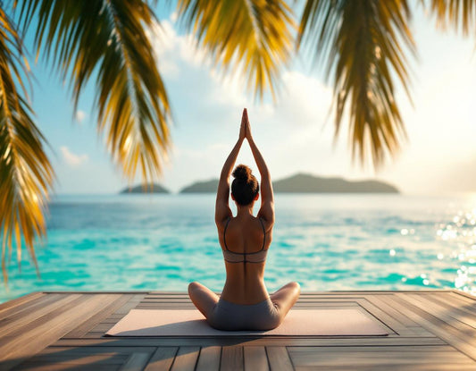 Un yogi en deck, face aux eaux turquoise des perhentian malaisie encadrées de palmiers à l’aube.