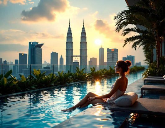 Vue d'une femme d'affaires se détendant en rooftop pool d'un kuala lampur hotel moderne en Malaisie.