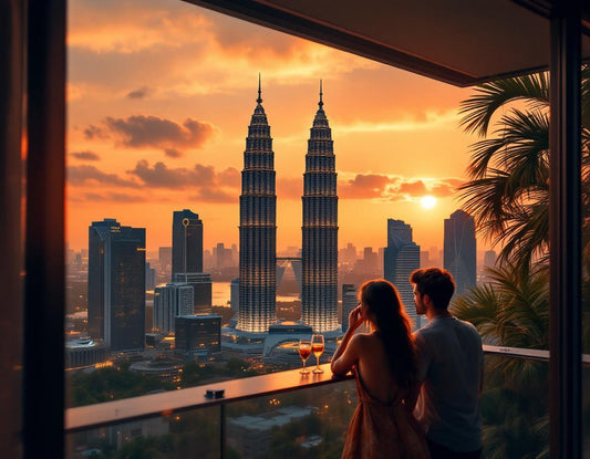 Scène d’un séjour chic à l’hotel kuala lampur avec vue sur les tours Petronas au coucher de soleil