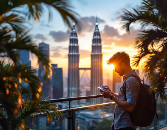 Jeune homme compte des ringgits sur balcon devant Petronas, reflet vivant de la monnaie en malaisie.