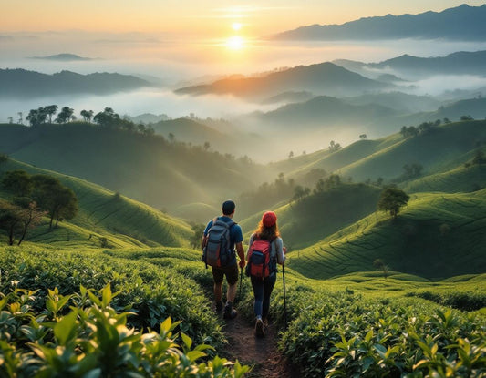 Un randonneur admire les terrasses de thé de Cameron Highlands au lever du soleil, malaisie voyage