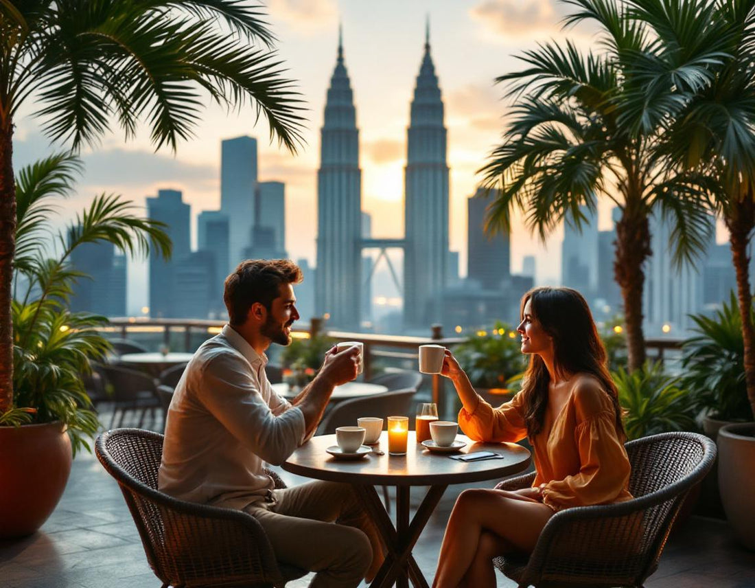 Un voyageur savoure un kopi sur terrasse face aux tours Petronas, emblème iconique de la Malaisie.