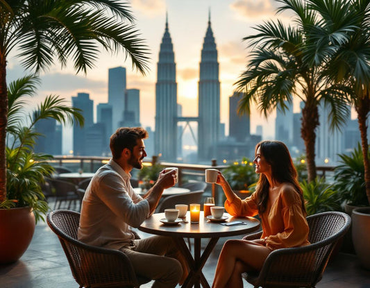 Un voyageur savoure un kopi sur terrasse face aux tours Petronas, emblème iconique de la Malaisie.
