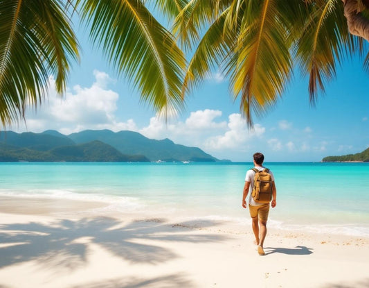 Voyageur sur la plage de Langkawi, palmiers et mer turquoise – visa malaisie essentiel.
