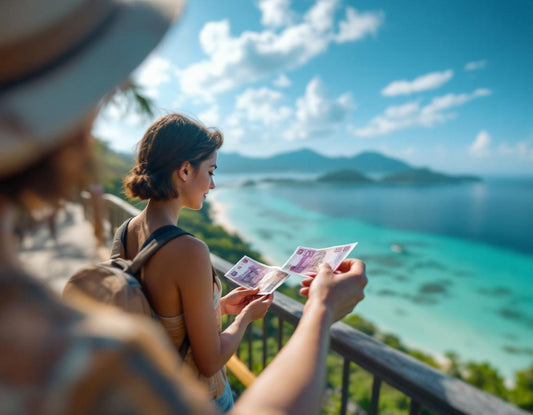 Jeune voyageur compte des billets de malaisie monnaie sur un ponton face à la mer turquoise.