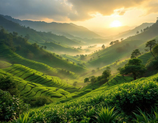 Photographie d’un photographe dans les plantations de thé embrumées des cameron highlands à l’aube