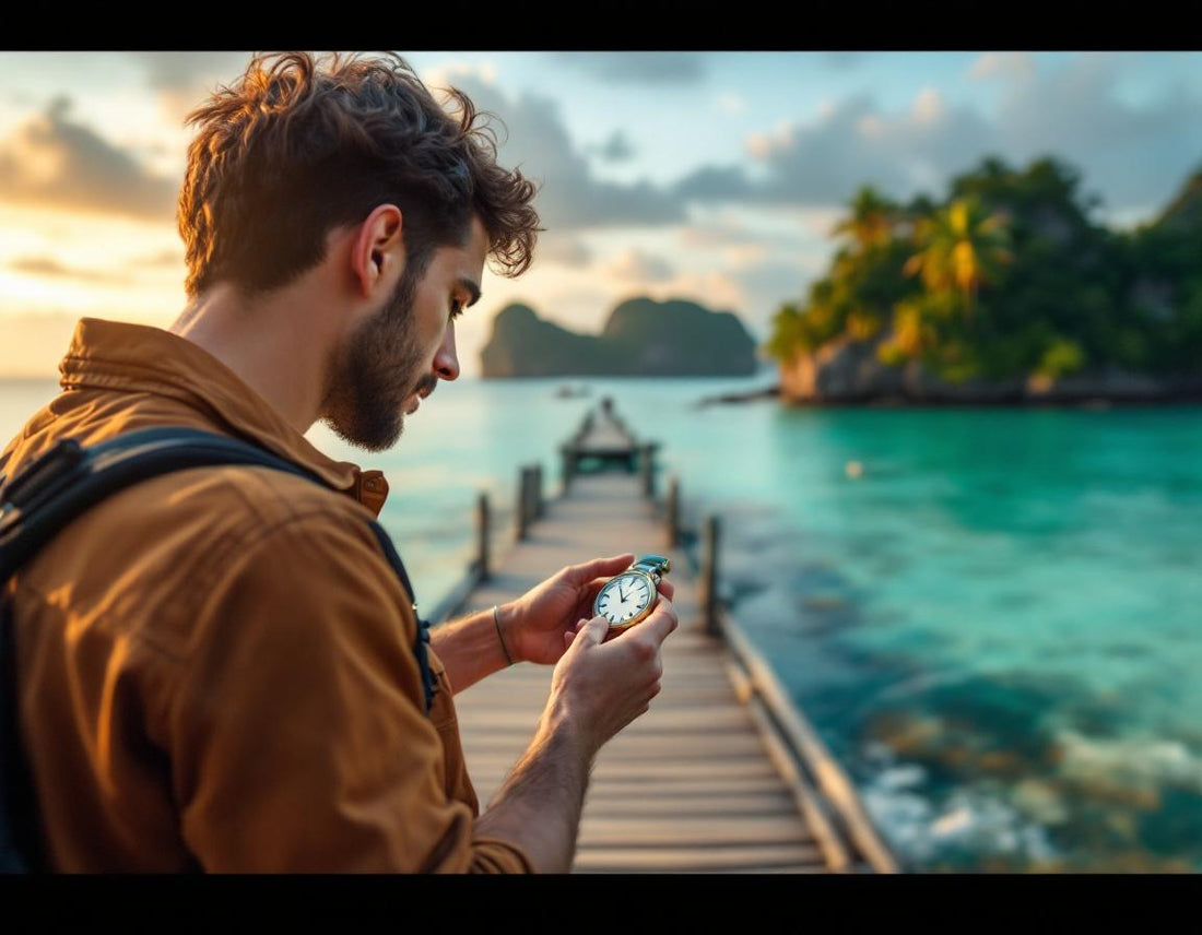 Voyageur vérifie la malaisie heure sur une montre, palmiers et karsts au coucher du soleil