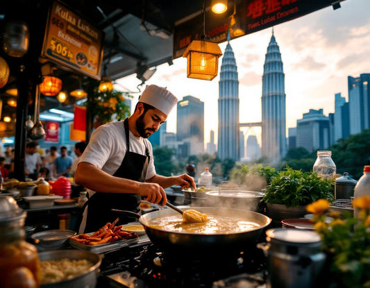 Chef malaisien prépare un laksa épicé dans un marché animé de kuala lampur, cadre urbain chaleureux.