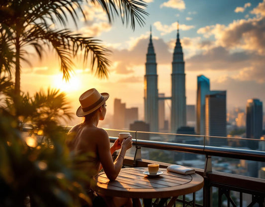 Voyageur sirote un café devant les tours Petronas au couchant, ambiance paris kuala lampur.