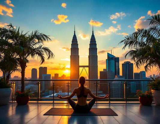 Pratiquant le yoga sur un toit à kuala lumpur malaisie, fusion tropicale et urbaine inspirante.