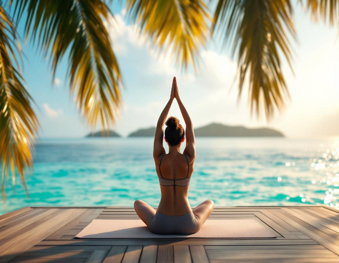 Un yogi en deck, face aux eaux turquoise des perhentian malaisie encadrées de palmiers à l’aube.