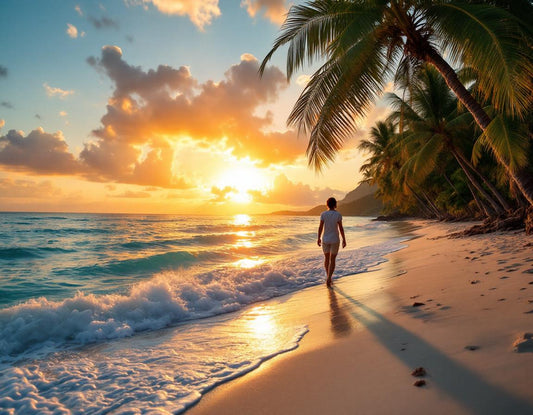 Voyageur sur plage de Batu Ferringhi Penang, ferringhi penang en lumière dorée évoquant la Malaisie.
