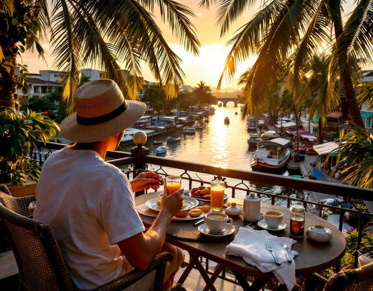 Client dégustant un petit déjeuner sur la terrasse d'un hotel malacca, vue rivière et palmiers.