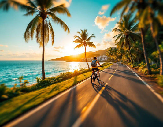 Evasion au coucher du soleil sur une route côtière bordée de palmiers sur l'ile de penang.