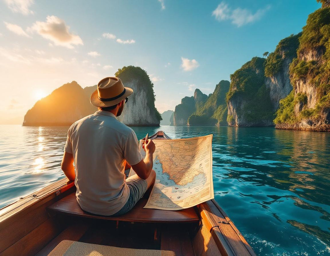 Un voyageur suit une carte malaisie à bord d'une pirogue près d'îlots karstiques, lumière dorée.