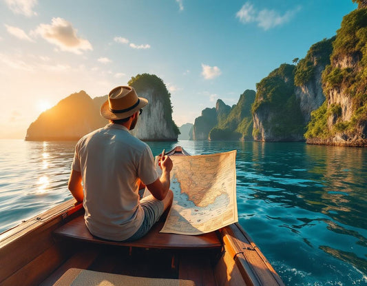 Un voyageur suit une carte malaisie à bord d'une pirogue près d'îlots karstiques, lumière dorée.
