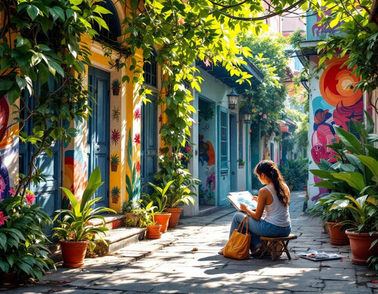 Un artiste croquant les shophouses coloniales de penang georgetown entouré de végétation luxuriante.