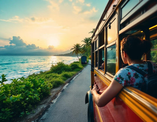 bus singapour malacca: un bus vintage longe une plage palmée au crépuscule, eau turquoise et jungle
