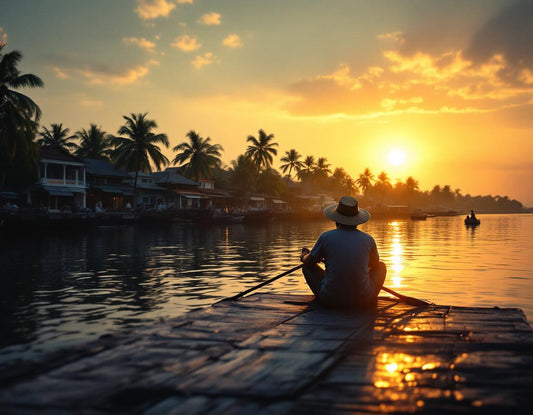Un pêcheur face au dilemme de malacca au lever du jour sur une jetée près de shophouses coloniales.