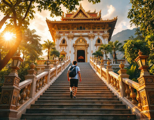 Un voyageur monte les marches du kek lok si temple penang entouré de jardins tropicaux.