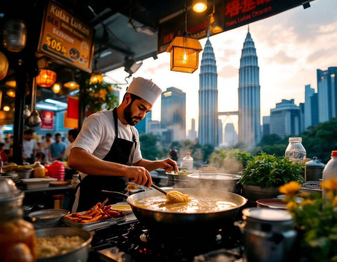 Chef malaisien prépare un laksa épicé dans un marché animé de kuala lampur, cadre urbain chaleureux.